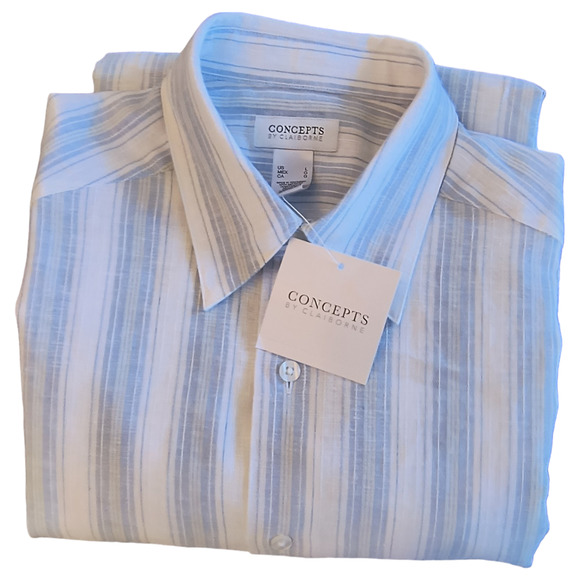 Concepts Linen Blend Button Down Shirt Men's size L Blue White Stipe Long Sleeve - Picture 4 of 15